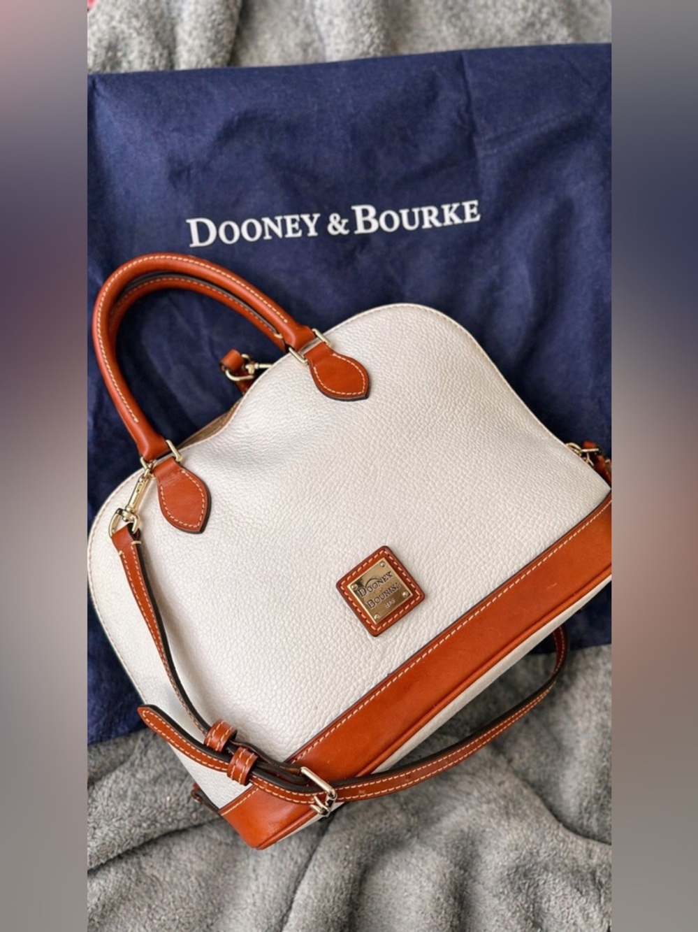 Dooney & Bourke Pebble Leather Satchel Cream Brown Trim Top Handle Crossbody